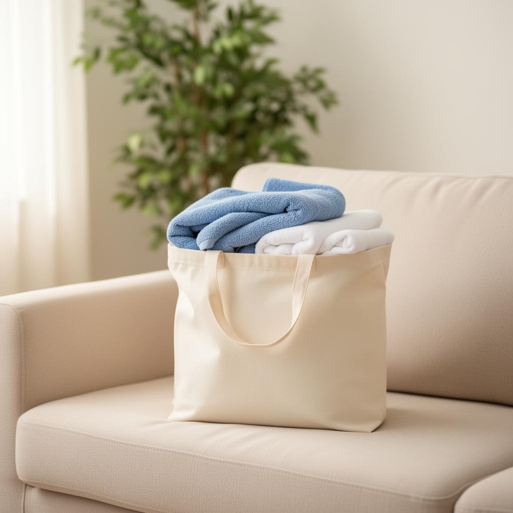 Freshly folded laundry delivered in a cream tote bag